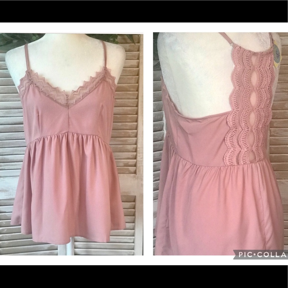 BOUTIQUE ITEM- TANK TOP W/ GORGEOUS LACE DETAILS IN DUSTY PINK, ADJUSTABLE …